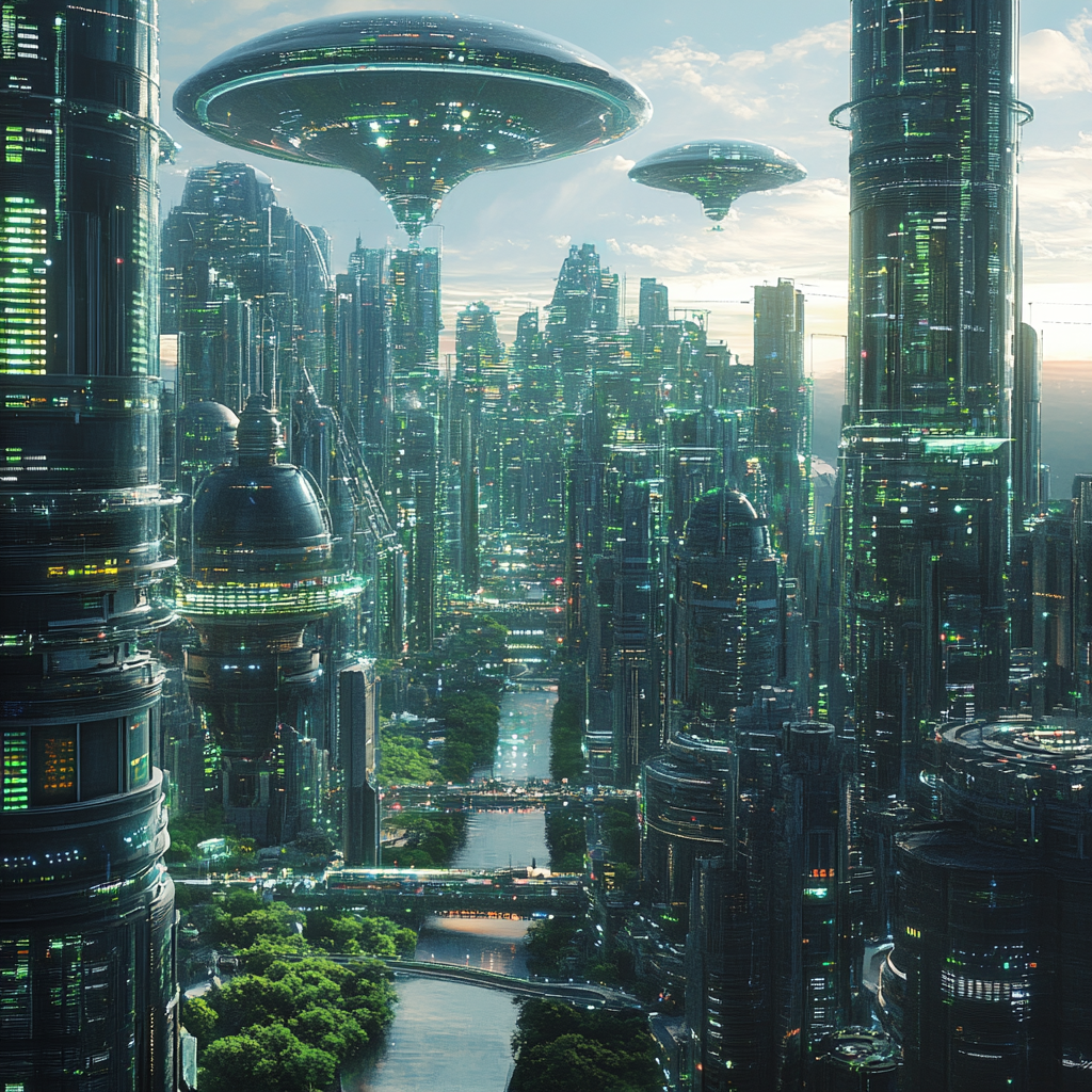 A futuristic cityscape featuring towering skyscrapers adorned with greenery, interconnected waterways, and hovering platforms, embodying a thriving environment ripe for growth and innovation.