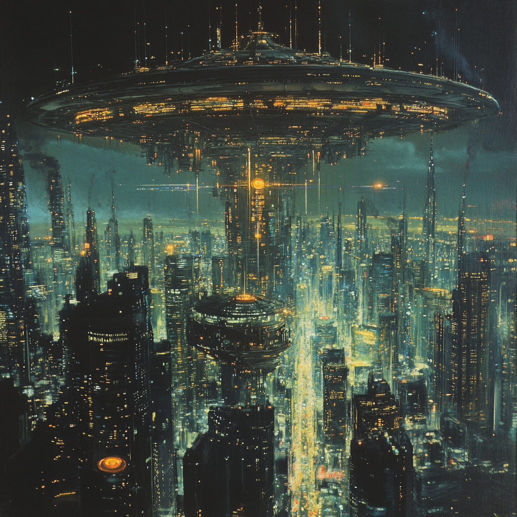 A futuristic cityscape illuminated by glowing towers, with a massive, hovering structure above, symbolizing growth and integration of consciousness within a vibrant environment.