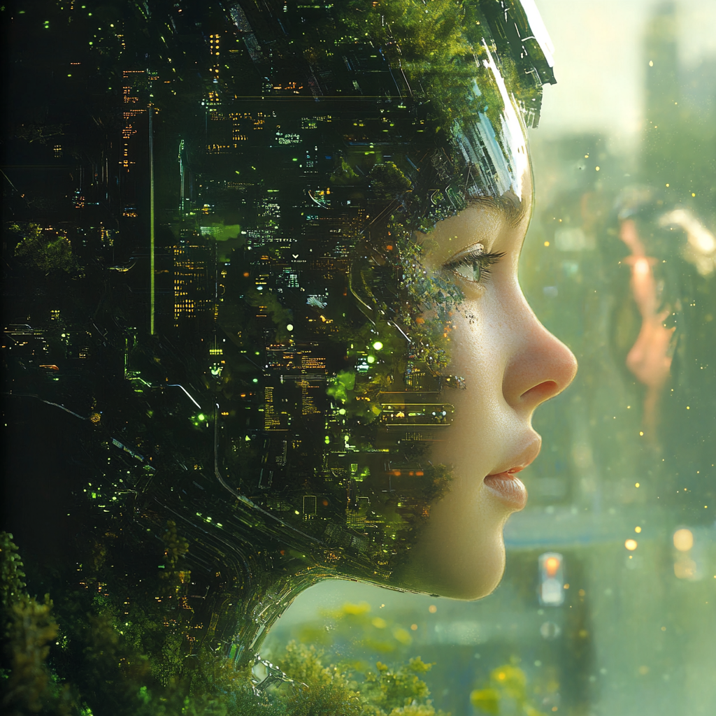 A serene face blends with vibrant greenery and intricate circuitry, symbolizing the growth of consciousness within a lush, integrated environment.