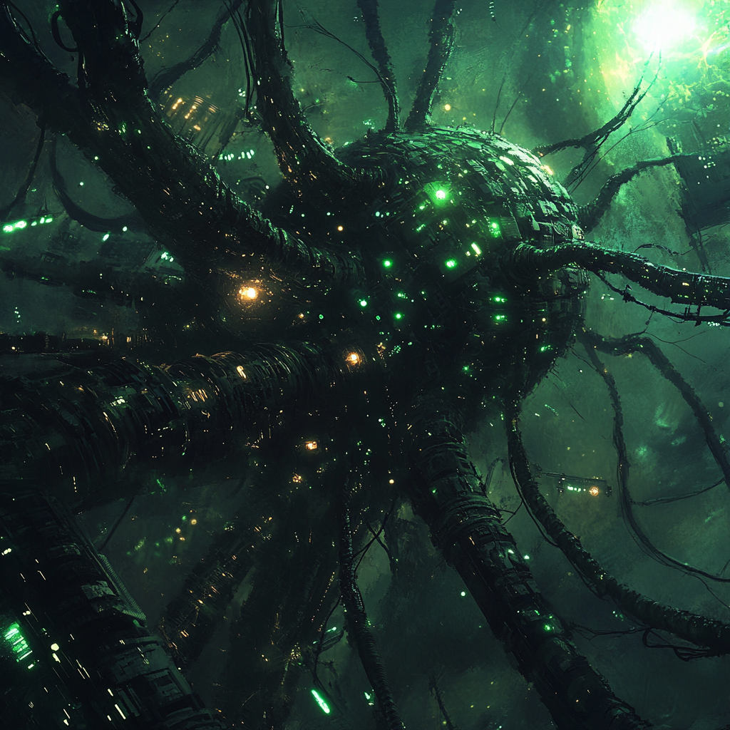 A vast, organic structure pulsates with green and gold lights, resembling a giant seed of consciousness intertwined with intricate, dark tendrils in a dense, otherworldly environment.