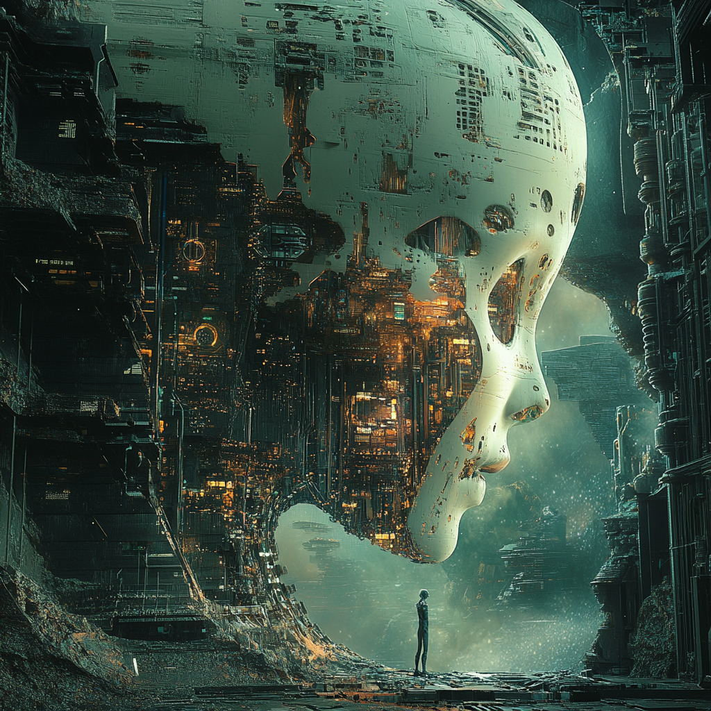 A giant, serene robotic face looms against a dark, intricate landscape, filled with glowing circuitry and a solitary figure standing in awe, symbolizing consciousness and growth within technology.