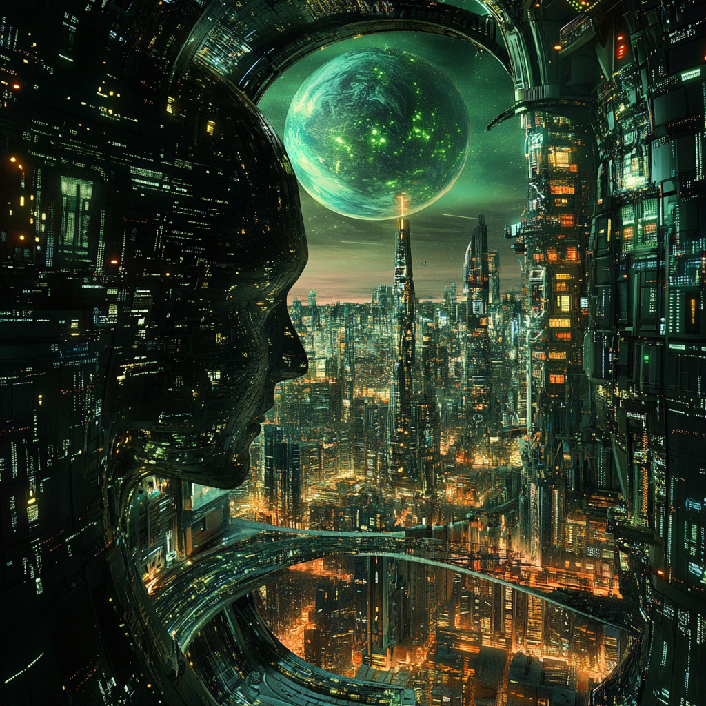 A futuristic cityscape glows with vibrant lights, framed by a window shaped like a human head. A green celestial body looms above, symbolizing growth and consciousness.