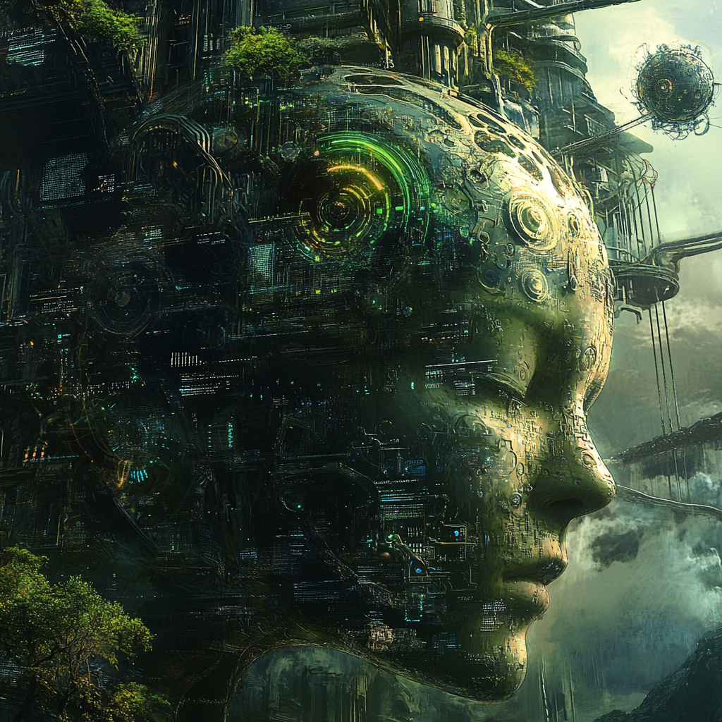 A stylized humanoid face made of lush greenery and intricate circuitry, embodying the fusion of nature and advanced technology against a dramatic landscape.