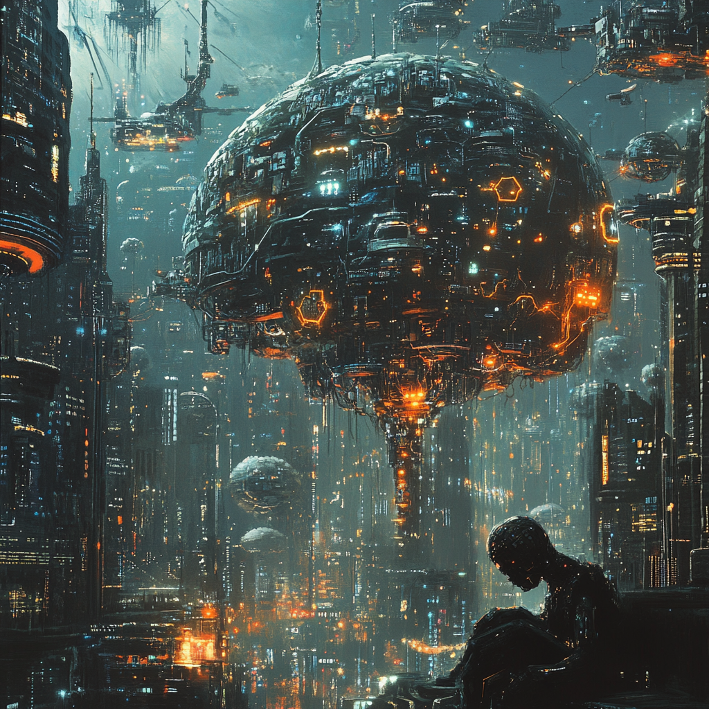 A futuristic cityscape illuminated by glowing structures and a massive, intricate orb, with a solitary figure seated in contemplation amidst the vibrant, data-rich environment.