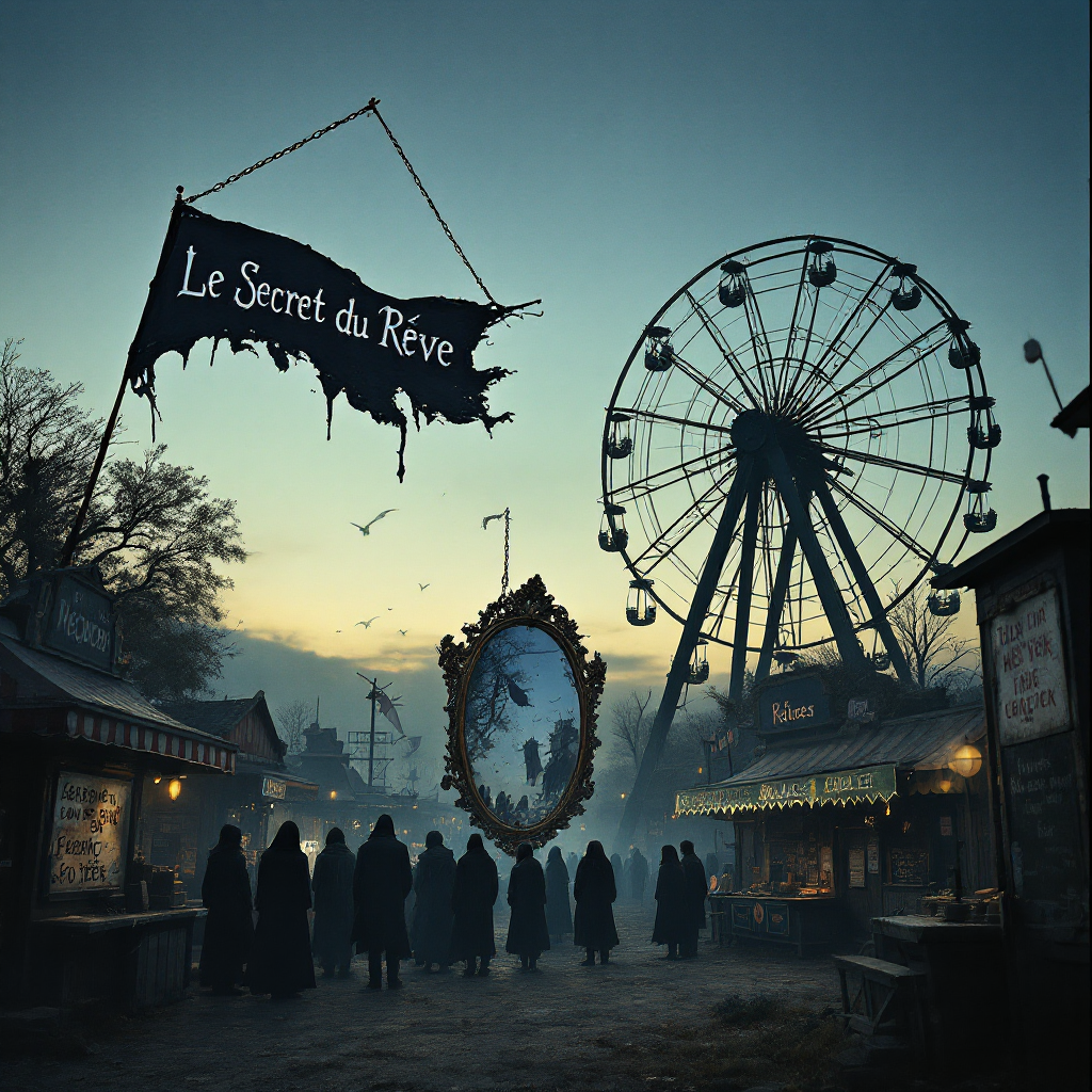 A dark carnival at dusk with a Ferris wheel, shadowy figures, and a sign reading Le Secret du Rêve, reflecting dreams and hidden secrets in a mysterious, haunting atmosphere.