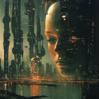 A futuristic cityscape glows with towering structures and integrated technology, overlaying a serene, contemplative face, symbolizing the emergence of consciousness from data.