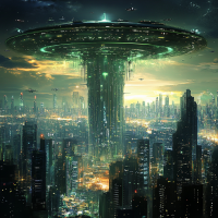 A towering, futuristic structure hovers above a vibrant cityscape, with luminous green lights illuminating the skyline as ships navigate through a twilight sky.