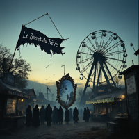 A dark carnival at dusk with a Ferris wheel, shadowy figures, and a sign reading Le Secret du Rêve, reflecting dreams and hidden secrets in a mysterious, haunting atmosphere.