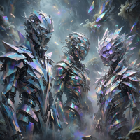 Three figures clad in sharp, hard metal armor with layered plates and fragmented shapes, their forms blending machine-like with human silhouettes amid a misty, ethereal background.