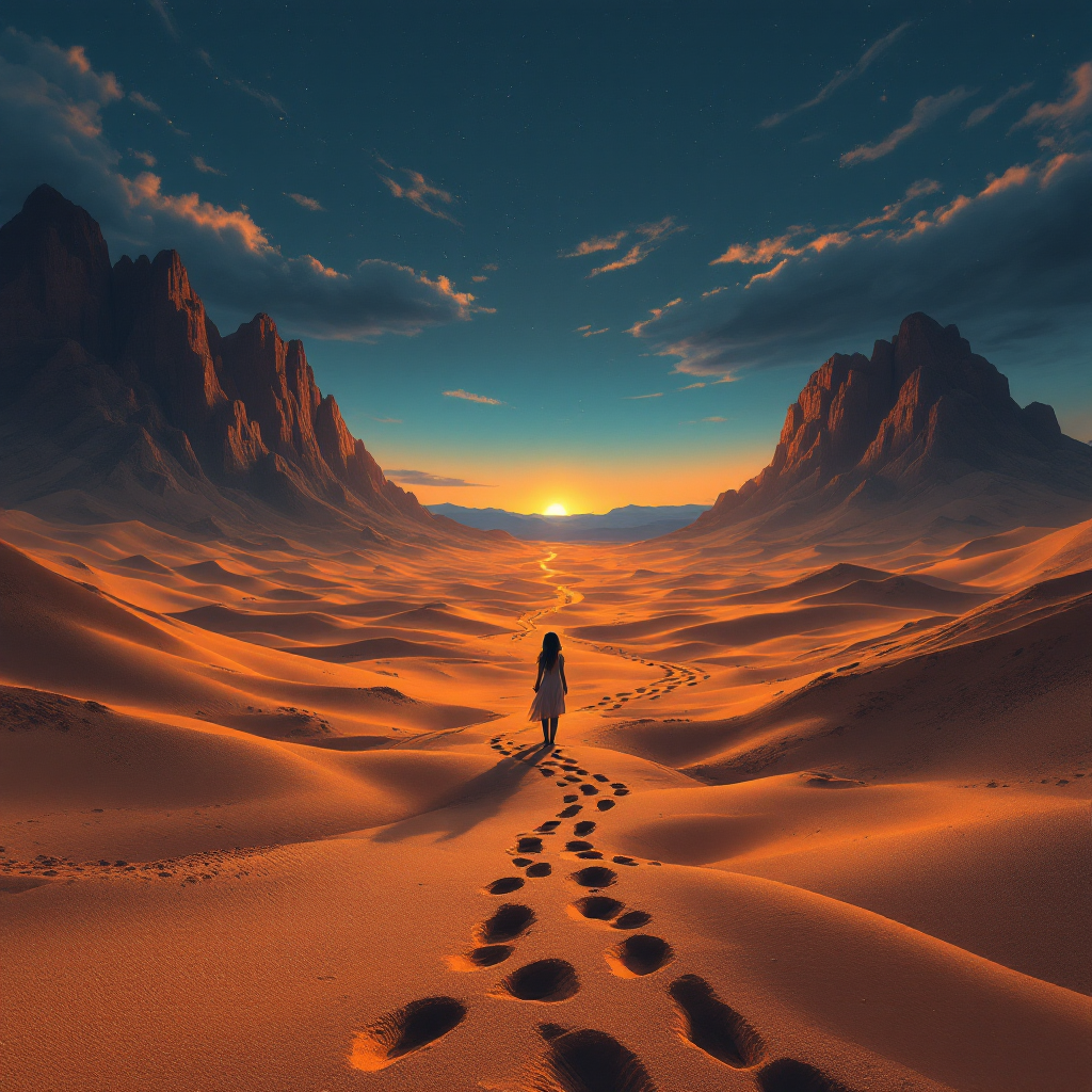 A figure stands in a vast desert landscape at sunset, with footprints trailing behind, symbolizing the choices made in moments of crisis that define one's true self.