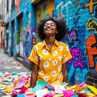 A joyful woman in a yellow floral shirt smiles amidst colorful notes scattered along a vibrant graffiti wall, embodying the spirit of embracing life's surprises.