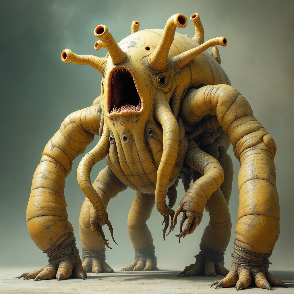 A quad-symmetric creature with a thick, sallow barrel body and four sturdy legs, it has eight appendages on its crown, including a gaping mouth and slender, waving tendrils.