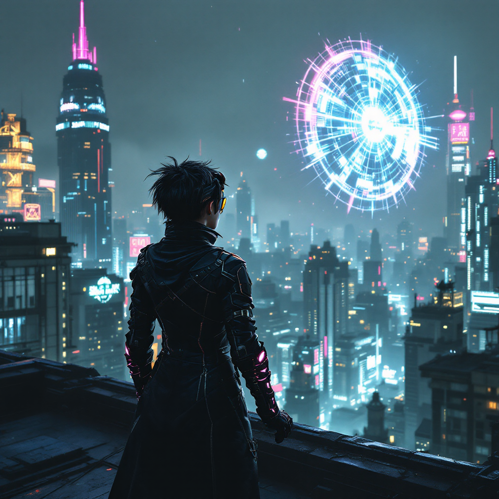 A figure stands on a rooftop, gazing at a futuristic cityscape illuminated by neon lights, with a glowing, swirling portal in the sky, embodying limitless possibilities.