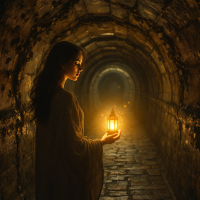 A figure stands in a dim, stone-walled tunnel, holding a glowing lantern that illuminates the darkness, symbolizing hope at the end of the tunnel.