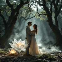 A couple embraces in a serene, misty forest, surrounded by dark trees and a glowing lotus flower, embodying the quote's theme of finding peace amid chaos.