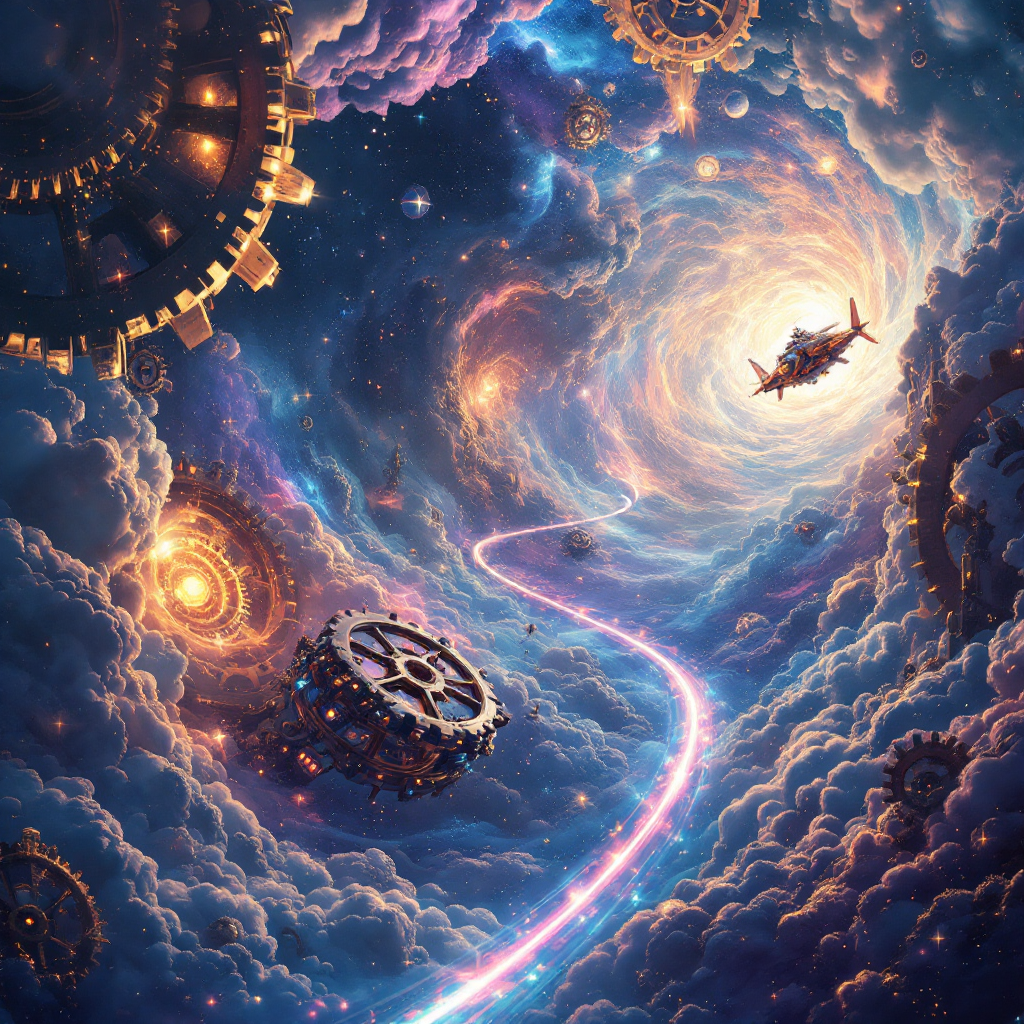 A whimsical cosmic scene featuring swirling galaxies, colorful clouds, and steampunk gears, depicting a journey through the vastness of the universe.