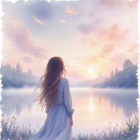 A woman in a flowing dress stands by a tranquil lake at sunrise, embodying the journey between past lessons and the search for future purpose.