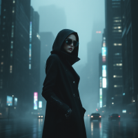 A figure in a long black coat and hood stands confidently in a misty, neon-lit urban setting, embodying the message: You do not need to be afraid of me. I will not hurt you.