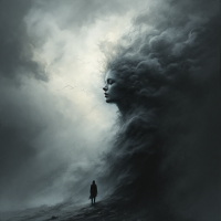 A figure stands alone against a swirling mass of dark clouds that form a human face, symbolizing personal responsibility and the journey of self-repair amidst turmoil.