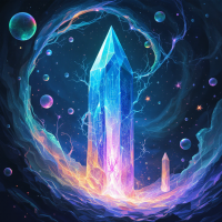 A vibrant, glowing crystal rises against a cosmic backdrop of swirling galaxies and bubbles, embodying the allure of mysteries in the universe that beckon exploration.