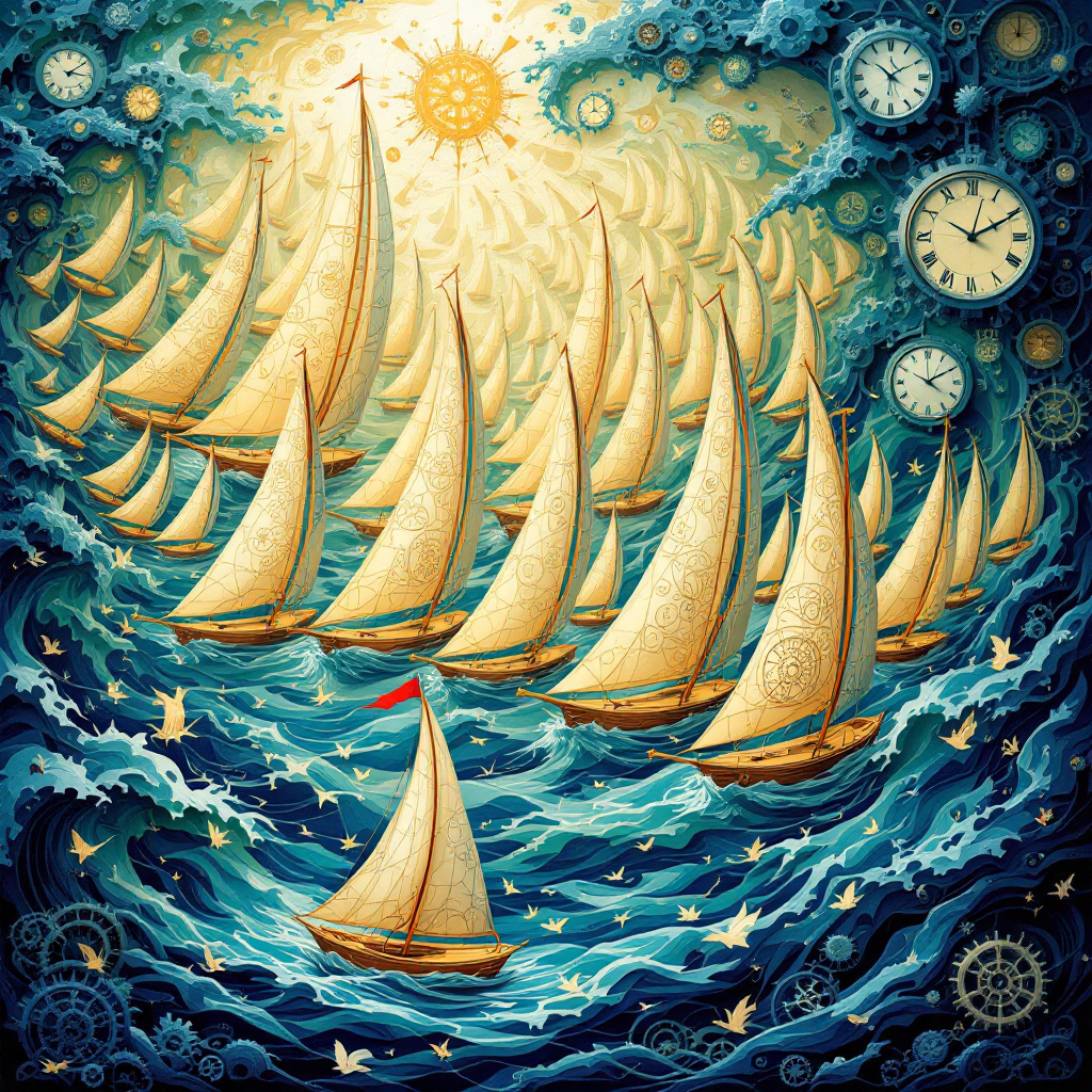 A vibrant scene of sailing boats navigating swirling blue waters, with clocks and celestial elements symbolizing the journey through time and the quest for connection.