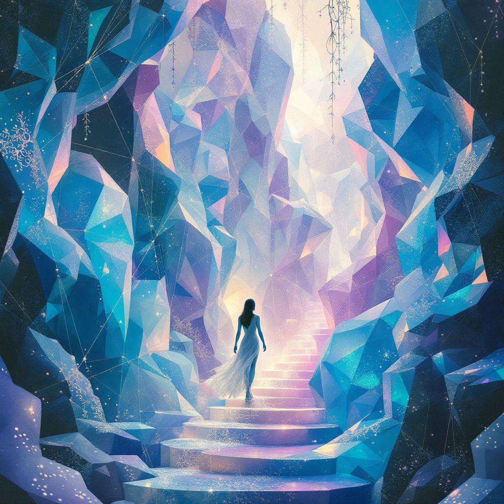 A silhouette of a figure in a flowing dress stands at the entrance of a luminous crystal cavern, symbolizing the journey of self-discovery and storytelling.