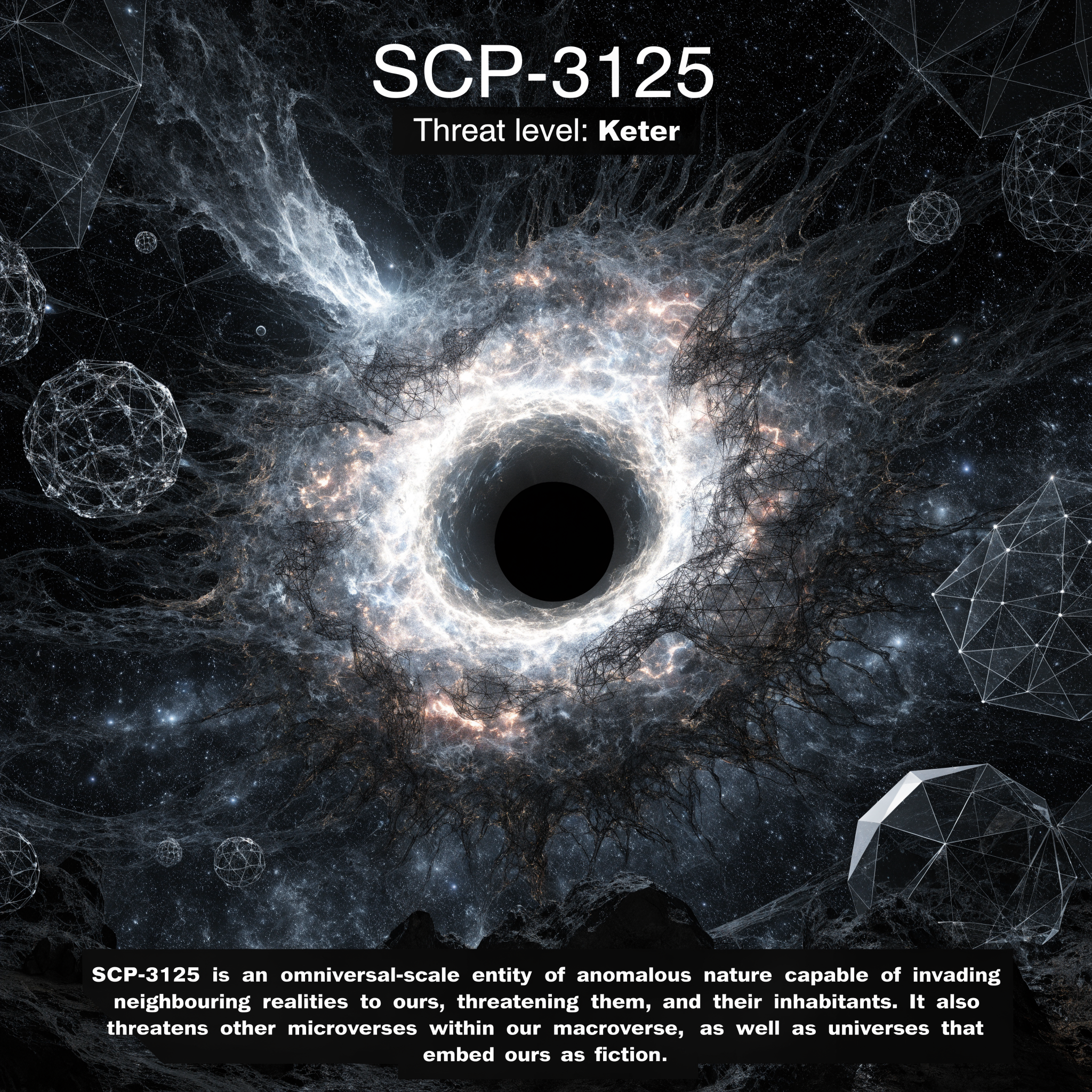 A dark, swirling void surrounded by complex geometric patterns, symbolizing SCP-3125’s omniversal threat across multiple realities and nested universes.