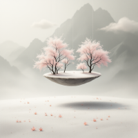 A serene landscape features a floating, dish-like island with delicate pink trees, surrounded by misty mountains, reflecting the fragility of existence balanced on thin threads.