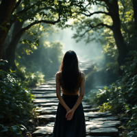 A woman stands at the beginning of a misty stone path in a lush forest, symbolizing the journey of self-discovery and the challenge of speaking from the heart.