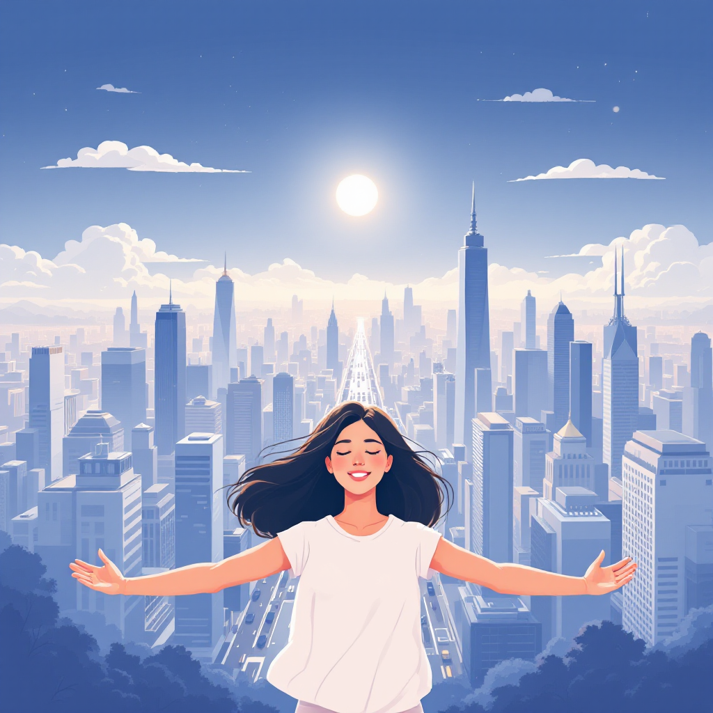 A young woman stands with outstretched arms against a vibrant city skyline, embodying hope and vision for a better world, inspired by the quote on idealism.