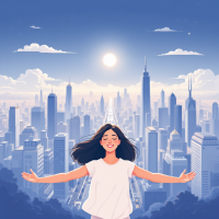 A young woman stands with outstretched arms against a vibrant city skyline, embodying hope and vision for a better world, inspired by the quote on idealism.