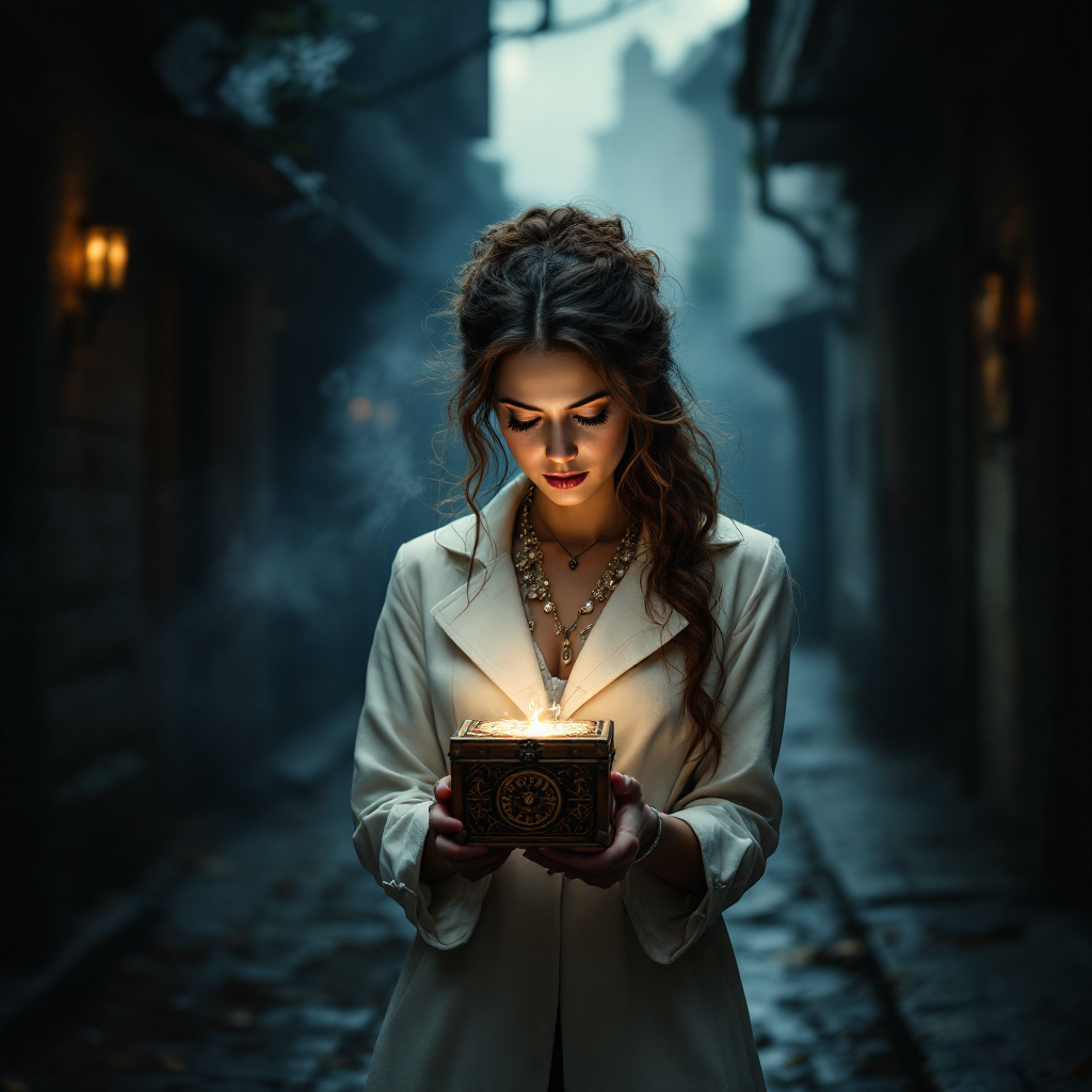 A mysterious woman stands in a foggy alley, holding an illuminated box. Her focused gaze reflects her deep connection to the enigma, embodying the quote, She loved mysteries so much that she became one.