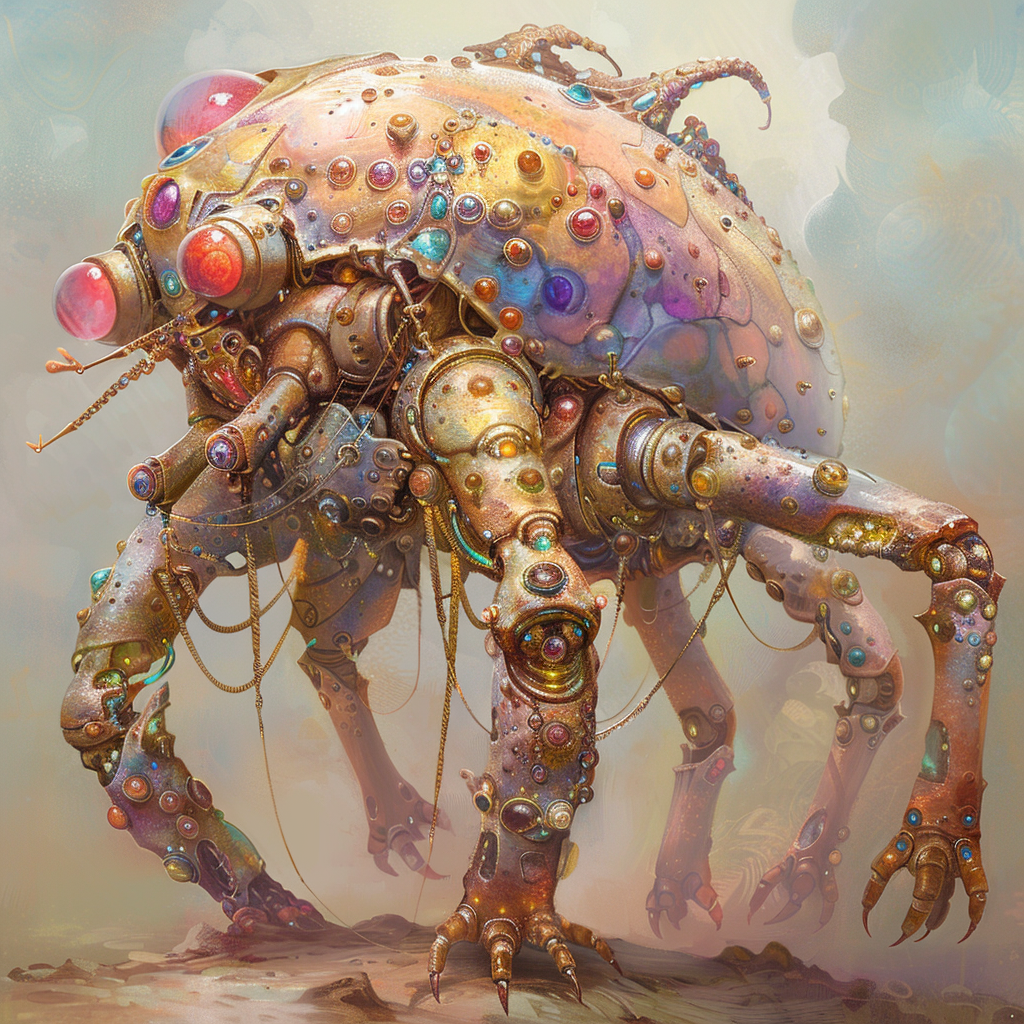 Image of a robotic creature encrusted with colorful, gem-like ornaments and tethered, jewel-like critters moving on its armored arms.