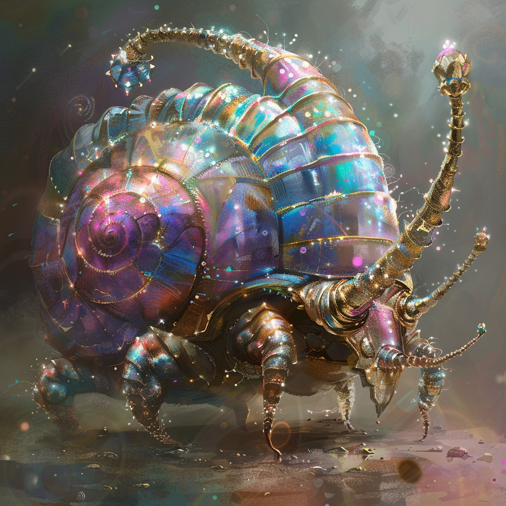 An ornate creature with a spiralling, gem-encrusted shell, tethered with gold chains to tiny jeweled critters, gleams under scattered light.