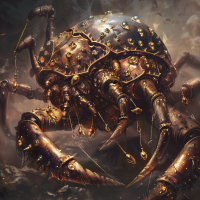 An armored creature with a shell adorned in spiraling, jeweled patterns and small critters tethered to it with gold chains, shining and moving dynamically.