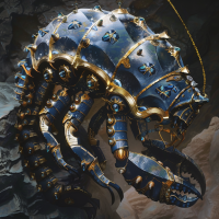 A fantastical creature with a spirally patterned, jewel-encrusted shell, tethered tiny creatures on its shield arms, reflected by light from their faceted backs.