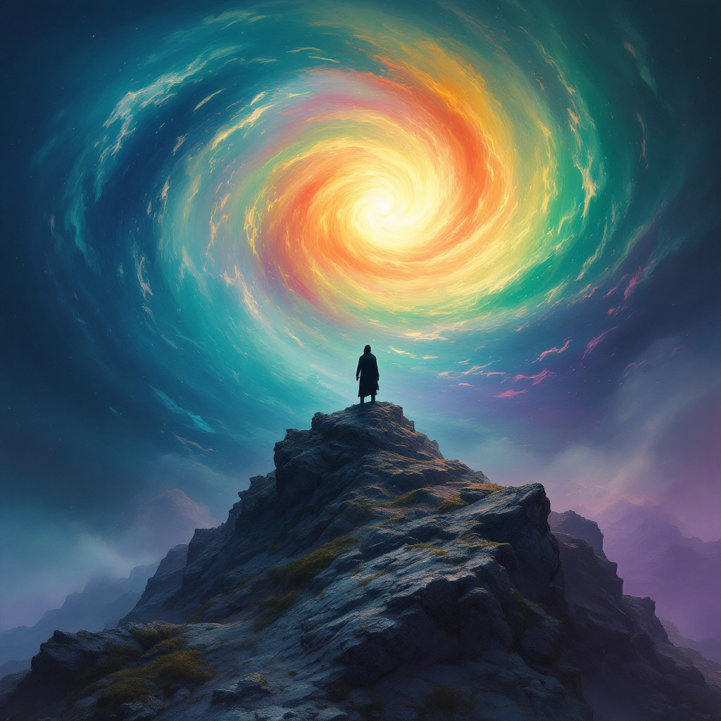 A solitary figure stands on a rugged peak, gazing up at a vibrant, swirling galaxy of colors, embodying the quote about power and the weakness of those who do not seek it.