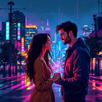 A couple gazes into each other's eyes, holding hands in a vibrant, neon-lit city, embodying the idea that love is sometimes a choice, not just a feeling.