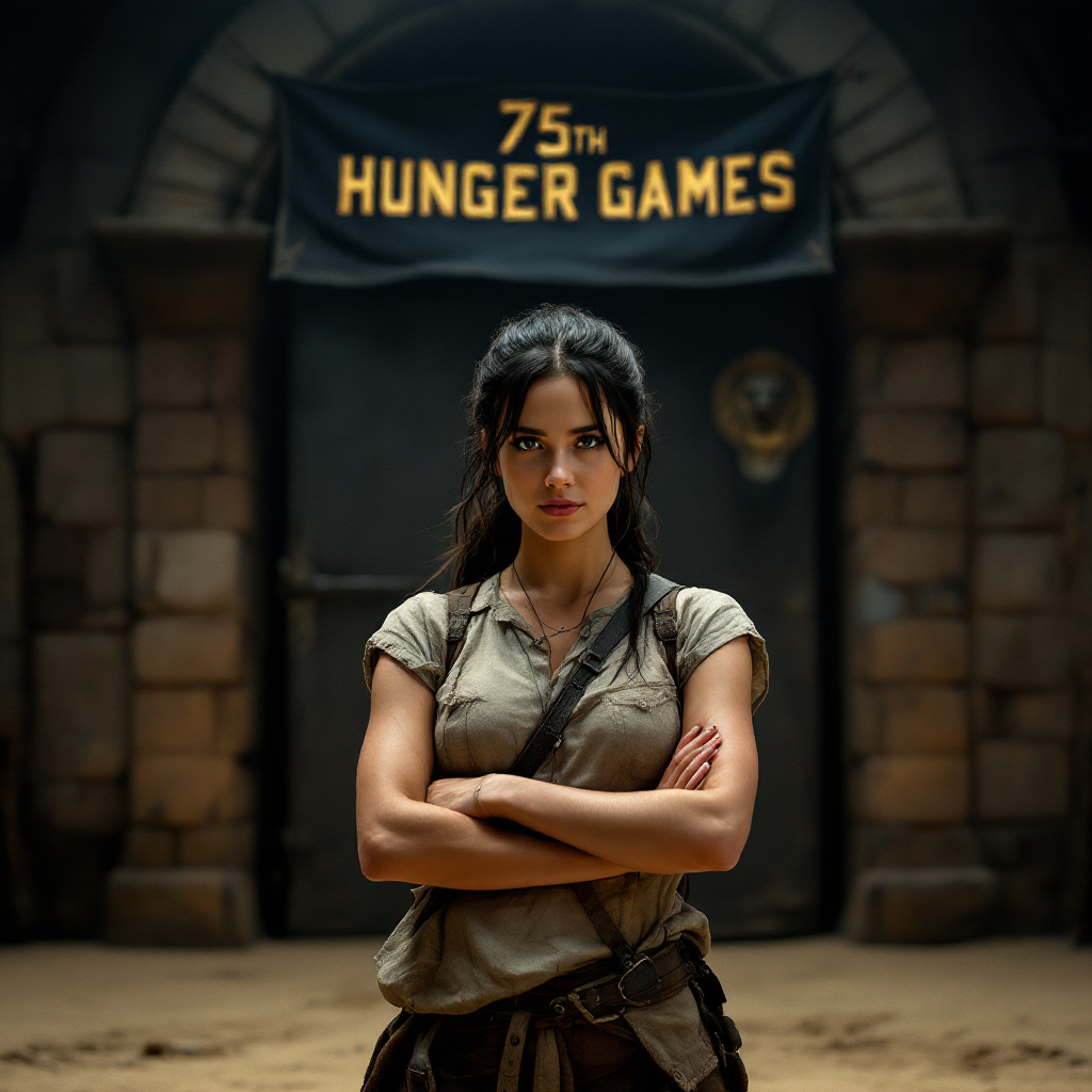 A determined young woman stands confidently in a dusty arena, arms crossed, with a banner overhead reading 75th Hunger Games, embodying the spirit of volunteering as tribute.