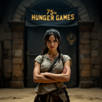 A determined young woman stands confidently in a dusty arena, arms crossed, with a banner overhead reading 75th Hunger Games, embodying the spirit of volunteering as tribute.