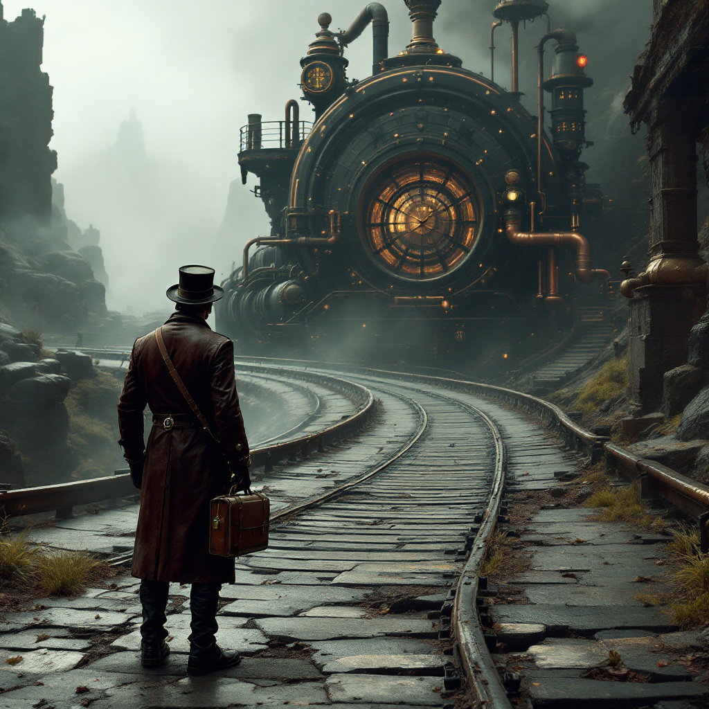 A figure in a long coat stands on a winding, misty railway track, gazing at an intricate steam engine illuminated in the fog, evoking the journey of life described in the quote.