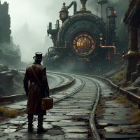 A figure in a long coat stands on a winding, misty railway track, gazing at an intricate steam engine illuminated in the fog, evoking the journey of life described in the quote.