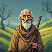 An elderly man with a long white beard stands holding a staff, dressed in simple robes, set against a serene landscape of rolling hills and sparse trees, embodying wisdom and experience.