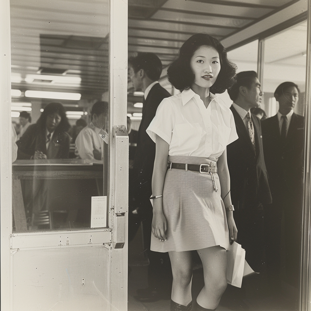 A woman in a white blouse, office skirt, and black shoes stands confidently in a busy office. Her thick raven hair falls below her shoulders, and she appears very fit and youthful, as if in her early twenties.