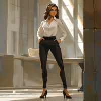 A fit woman with thick raven hair in a white blouse and black trousers stands confidently in a modern office, hands on hips, bathed in natural light. She looks to be in her early twenties.
