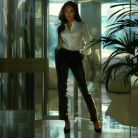 A woman in a white blouse and black trousers stands confidently in an office setting with large windows and plants. She has long, straight black hair and appears fit and youthful.
