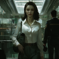 A woman in a white blouse, office suit, and black shoes walks confidently through a modern workspace. Her thick raven hair hangs below her shoulder blades. She carries a bag, exuding fitness and determination.