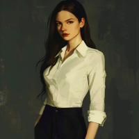 A woman with thick, straight, raven hair wearing a white blouse and black trousers stands confidently. Her expression is resolute, and her physique appears fit and athletic.