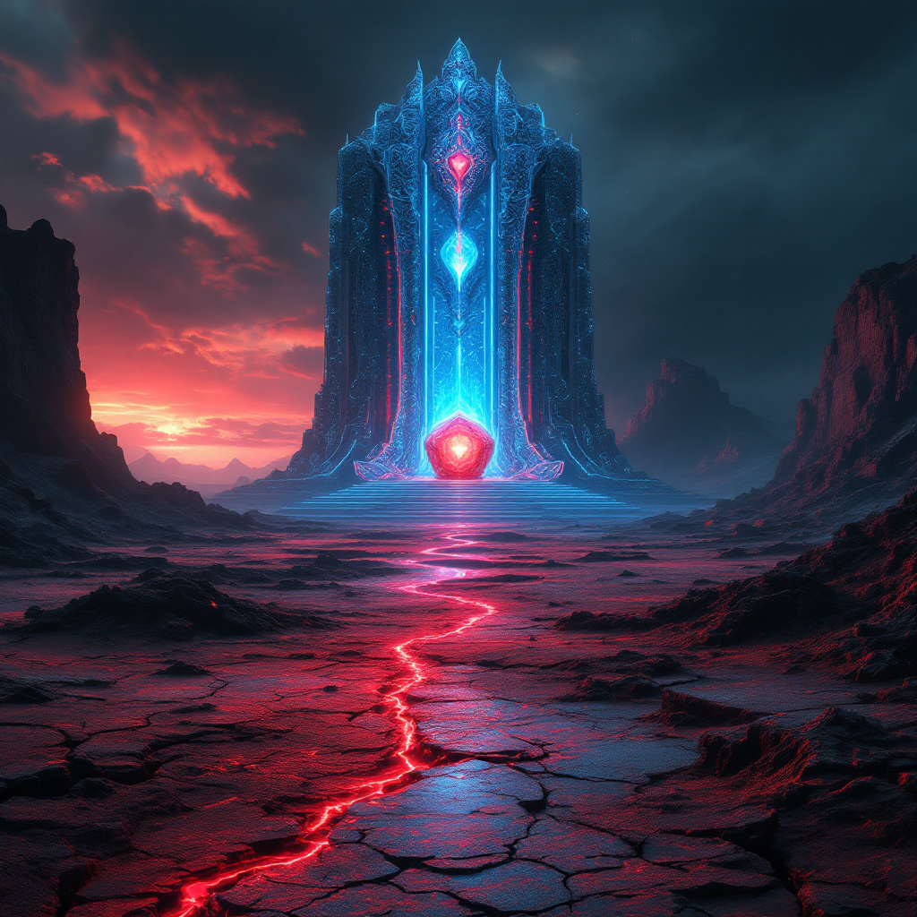 A glowing, crystalline tower rises amidst a barren landscape, with ominous red cracks in the ground, reflecting themes of sacrifice and balance from the quote about the earth's due.