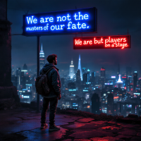 A silhouetted figure stands on a rooftop, gazing at a neon-lit cityscape. Two signs read: We are not the masters of our fate and We are but players on a stage.